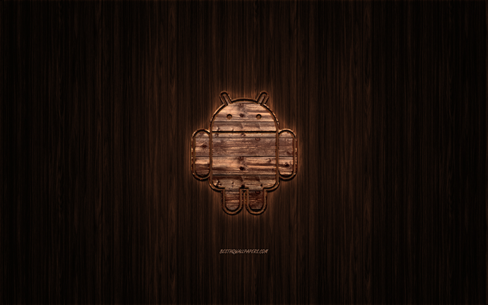 Android logo, wooden logo, wooden background, Android, emblem, brands, wooden art, Android robot