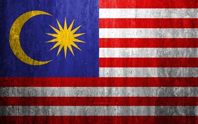 Malezya bayrağı, 4k, taş arka plan, grunge bayrak, Asya, Malezya bayrak, grunge sanat, ulusal semboller, Malezya, taş doku