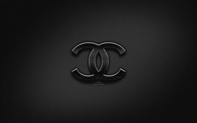 Chanel black logo, creative, metal grid background, Chanel logo, brands, Chanel