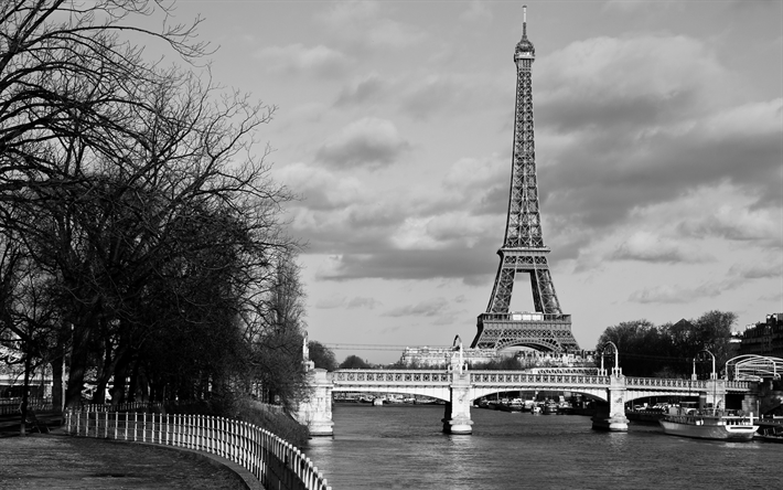 Paris, Eiffeltornet, svartvitt, Paris stadsbild, Hans river, Frankrike