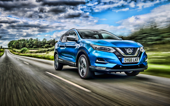 Nissan Qashqai, 4k, le flou de mouvement, 2019 voitures, v&#233;hicules multisegments, bleu qashqai, Nissan Rogue, les voitures japonaises, 2019 Nissan Qashqai, Nissan