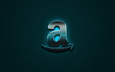 Amazon glitter logotyp, kreativa, bl&#229; metall bakgrund, Amazon logotyp, varum&#228;rken, Amazon
