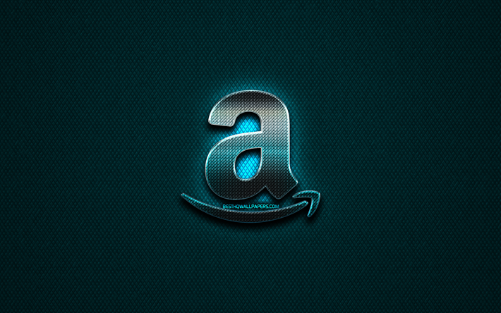 Amazon glitter logotipo, criativo, metal azul de fundo, Amazon logotipo, marcas, Amazon