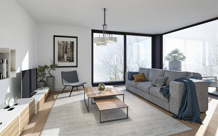 sala de estar, interior elegante, um design interior moderno, paredes brancas, design elegante