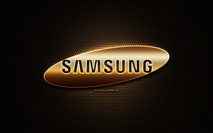 Samsung glitter logo, creative, metal grid background, Samsung logo, brands, Samsung