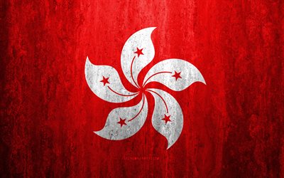 Flag of Hong Kong, 4k, stone background, grunge flag, Asia, Hong Kong flag, grunge art, national symbols, Hong Kong, stone texture