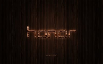 Honor logo, wooden logo, wooden background, Honor, emblem, brands, wooden art