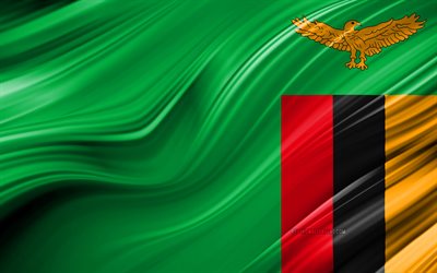 4k, Zambias flagga, Afrikanska l&#228;nder, 3D-v&#229;gor, Flaggan i Zambia, nationella symboler, Zambia 3D-flagga, konst, Afrika, Zambia