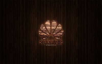 Huawei logo, wooden logo, wooden background, Huawei, emblem, brands, wooden art
