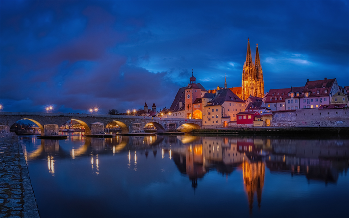 Regensburg, nightscapes, Alman kentleri, Tuna Nehri, Almanya, şehir, Avrupa