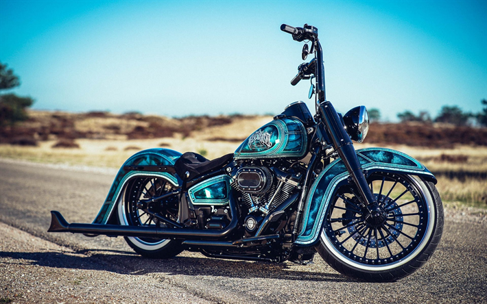 Harley-Davidson Heritage, tuning, 2019 polkupy&#246;r&#228;&#228;, Myrkyllisi&#228;, superbike, sininen moottoripy&#246;r&#228;, Harley-Davidson, r&#228;&#228;t&#228;l&#246;ityj&#228; moottoripy&#246;ri&#228;