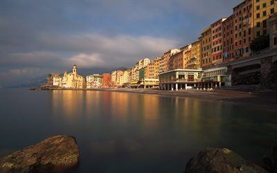 Camogli, morning, beach, sunrise, coast, Mediterranean Sea, Liguria, Genoa, Italy
