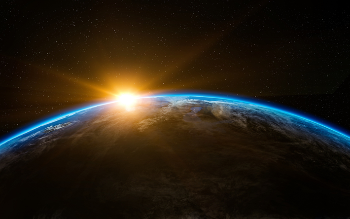 Terra, vista do espa&#231;o, nascer do sol, planeta, sistema solar