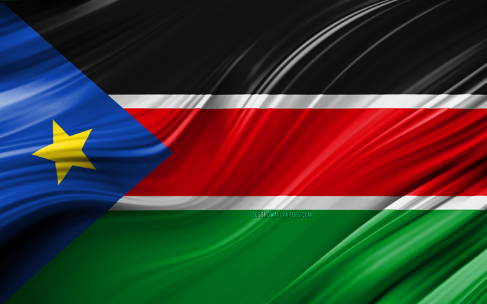 4k, 南スーダンフラグ, アフリカ諸国, 3D波, 旗の南スーダン, 国立記号, 南スーダンの3Dフラグ, 美術, アフリカ, 南スーダン