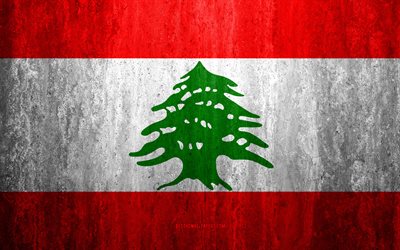 Flag of Lebanon, 4k, stone background, grunge flag, Asia, Lebanon flag, grunge art, national symbols, Lebanon, stone texture