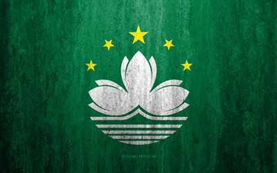 Macau bayrağı, 4k, taş arka plan, grunge bayrak, Asya, Makao bayrağı, grunge sanat, ulusal semboller, Macau, taş doku