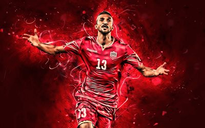 Mohamed Al Romaihi, goal, Bahraini National Team, soccer, Mohamed Al-Romaihi, footballers, neon lights, Bahrain football team