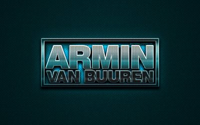 Armin van Buuren glitter logotyp, musik stj&#228;rnor, kreativa, bl&#229; metall bakgrund, Armin van Buuren logotyp, varum&#228;rken, superstars, Armin van Buuren