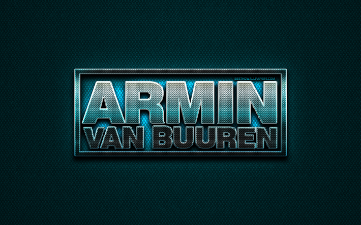 Armin van Buuren glitter-logo, musiikin t&#228;hdet, luova, sininen metalli tausta, Armin van Buuren-logo, merkkej&#228;, supert&#228;hti&#228;, Armin van Buuren