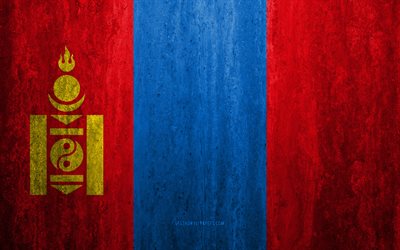 Flag of Mongolia, 4k, stone background, grunge flag, Asia, Mongolia flag, grunge art, national symbols, Mongolia, stone texture