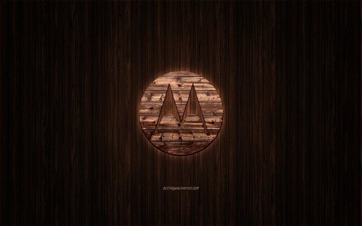 Motorola logo, wooden logo, wooden background, Motorola, emblem, brands, wooden art