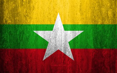 Myanmar bayrağı, 4k, taş arka plan, grunge bayrak, Asya, Myanmar bayrak, grunge sanat, ulusal semboller, Myanmar, taş doku