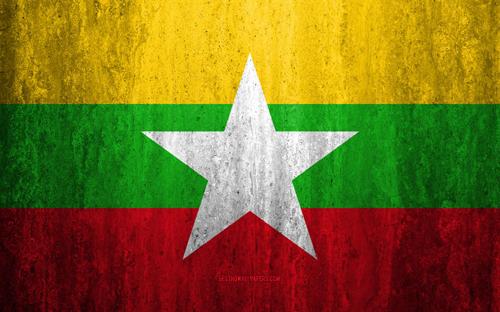 Flaggan i Myanmar, 4k, sten bakgrund, grunge flagga, Asien, Myanmar flagga, grunge konst, nationella symboler, Myanmar, sten struktur