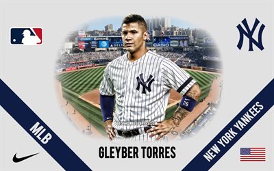 Gleyber Torres, New York Yankees, Venezuelan Baseball Player, MLB, portrait, USA, baseball, Yankee Stadium, New York Yankees logo, Major League Baseball