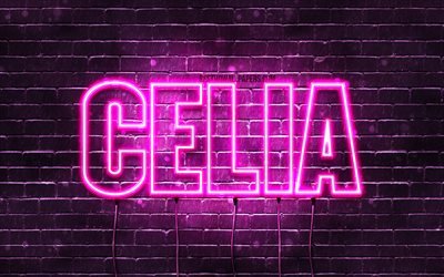 Celia, 4k, wallpapers with names, female names, Celia name, purple neon lights, Happy Birthday Celia, picture with Celia name