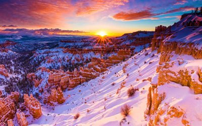 Bryce Canyon National Park, talvi, lumi, sunset, vuoret, USA, Amerikassa, Bryce Canyon, kaunis luonto, Utah