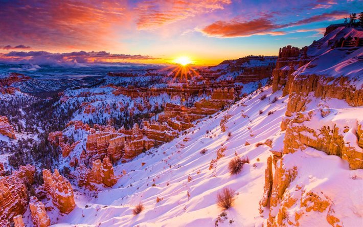 Parque Nacional de Bryce Canyon, invierno, nieve, puesta de sol, monta&#241;as, estados UNIDOS, Am&#233;rica, Bryce Canyon, la hermosa naturaleza, Utah