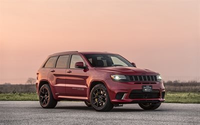 Jeep Grand Cherokee Trackhawk, Hennessey, HPE1000, front view, exterior, red SUV, tuning Grand Cherokee, american cars, Jeep