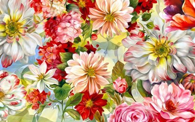painted flowers texture, floral background, texture with flowers, painted flowers, colorful floral background