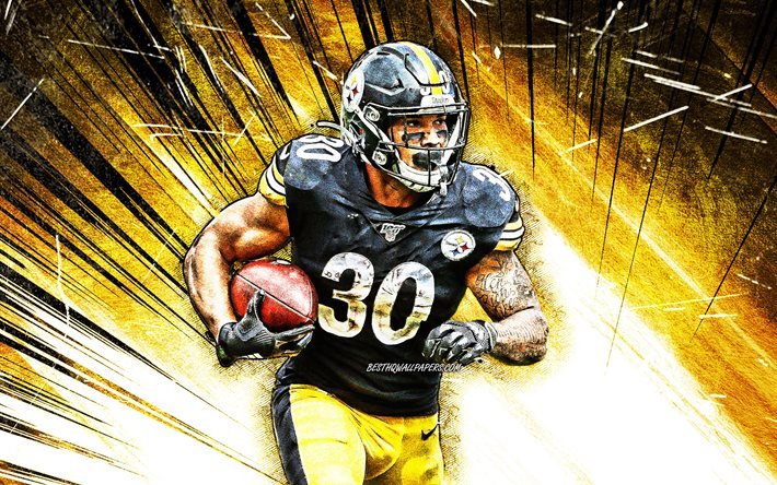 4k, James Conner, grunge art, running back, Pittsburgh Steelers, american football, NFL, James Earl Conner, National Football League, yellow abstract rays, James Conner Pittsburgh Steelers, James Conner 4K