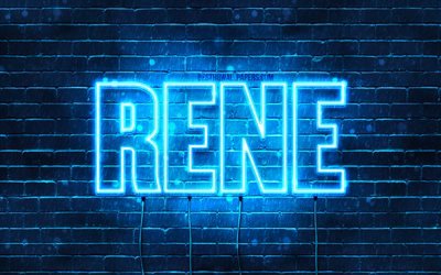 Rene, 4k, fondos de pantalla con los nombres, el texto horizontal, Ren&#233; nombre, Feliz Cumplea&#241;os de Ren&#233;, luces azules de ne&#243;n, de la imagen con el nombre Rene