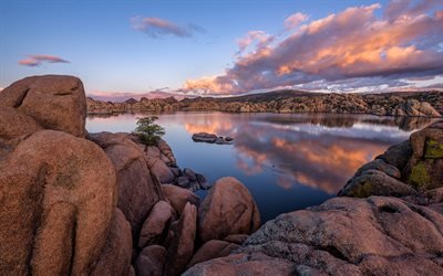 Granito Dells, lago, noite, p&#244;r do sol, pedras, pedras de granito, Prescott, Arizona, EUA