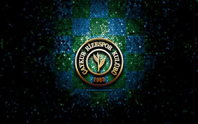 Rizespor FC, glitter logo, Turkish Super League, blue green checkered background, soccer, Rizespor, turkish football club, Rizespor logo, mosaic art, football, Turkey
