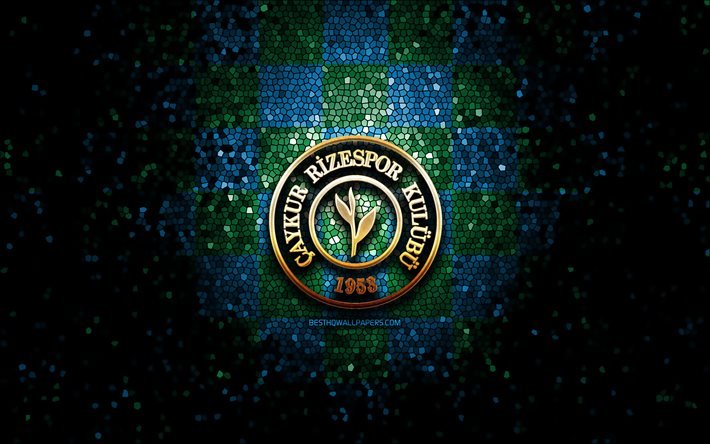 Rizespor FC, el logotipo de brillo, de turqu&#237;a Super Liga, azul, verde, fondo de cuadros, f&#250;tbol, Rizespor, turco, club de f&#250;tbol, Rizespor logotipo, mosaico de arte, Turqu&#237;a