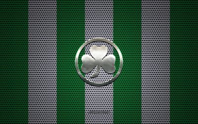 SpVgg Greuther Furth logo, German football club, metal emblem, green-white metal mesh background, SpVgg Greuther Furth, 2 Bundesliga, Furth, Germany, football
