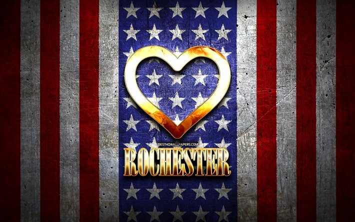 Me Encanta Rochester, en las ciudades de am&#233;rica, de oro inscripci&#243;n, estados UNIDOS, coraz&#243;n de oro, bandera estadounidense, Rochester, ciudades favoritas, Amor Rochester