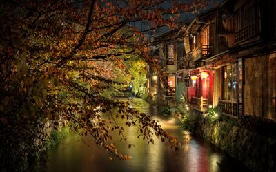 Kyoto, akşam, gece, Kyoto sokakları, Japon şehir, ışıklar, Japonya