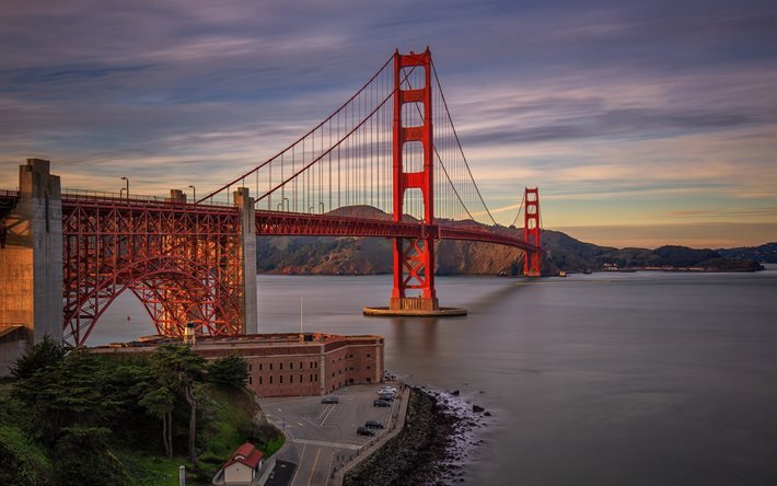 Golden Gate-Bron, San Francisco, Kalifornien, USA, red suspension bridge, bergslandskapet, bro, Golden Gate