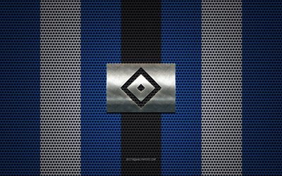 Hamburger SV logo, club de football allemand, embl&#232;me m&#233;tallique, bleu et blanc, maille en m&#233;tal d&#39;arri&#232;re-plan, le Hamburger SV, 2 Bundesliga, Hambourg, Allemagne, le football