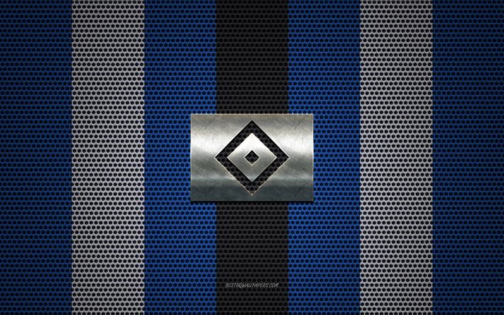 Hamburger SV-logotyp, Tysk fotboll club, metall emblem, bl&#229; och vit metall mesh bakgrund, Hamburger SV, Bundesliga 2, Hamburgare, Tyskland, fotboll