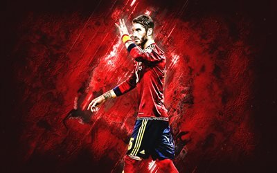 Sergio Ramos, Nacional de espanha de time de futebol, retrato, O jogador de futebol espanhol, pedra vermelha de fundo, arte criativa, futebol, Espanha