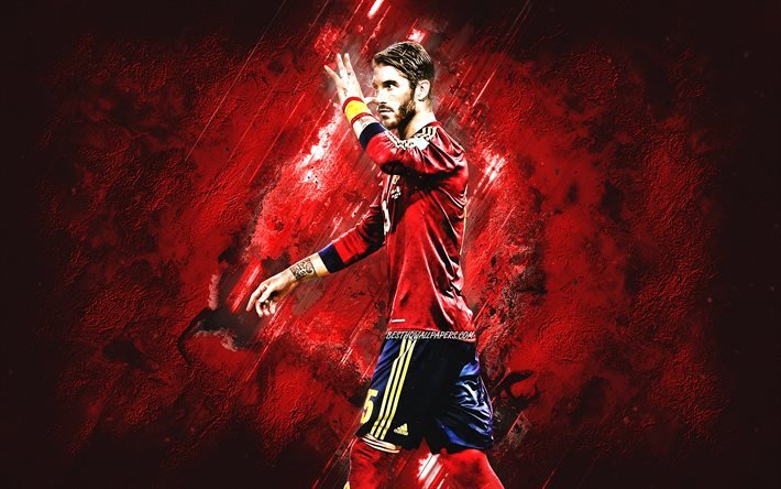 Sergio Ramos, İspanya Milli Futbol Takımı, portre, İspanyol futbolcu, kırmızı taş, arka plan, yaratıcı sanat, futbol, İspanya