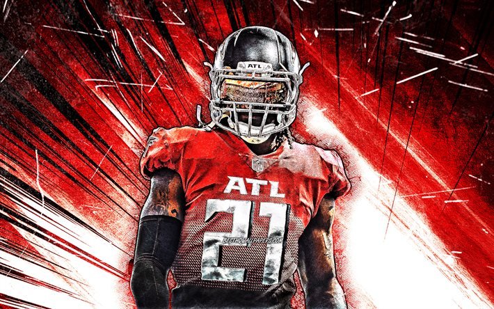 4k, Todd Gurley, grunge art, NFL, Atlanta Falcons, american football, running back, Todd Jerome Gurley II, National Football League, red abstract rays, Todd Gurley Atlanta Falcons, Todd Gurley 4K