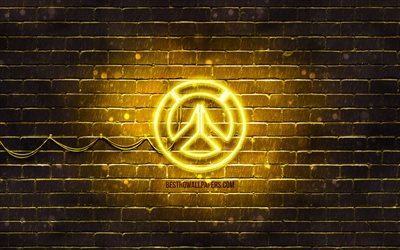Vigilance jaune logo, 4k, jaune brickwall, Overwatch logo, jeux de 2020, Overwatch n&#233;on logo, Overwatch