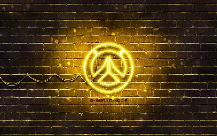 Overwatch keltainen logo, 4k, keltainen brickwall, Overwatch-logo, 2020-pelit, Overwatch neon-logo, Overwatch