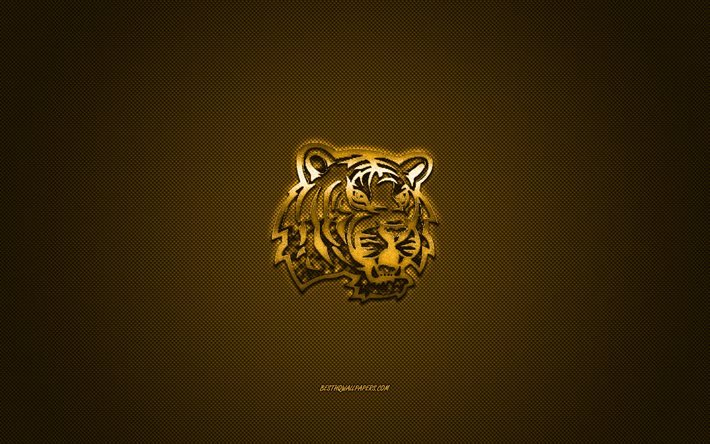 LSU Tigers logotyp, Amerikansk football club, NCAA, gul logotyp, gul kolfiber bakgrund, Amerikansk fotboll, Baton Rouge, Louisiana, USA, LSU Tigers, Louisiana State University